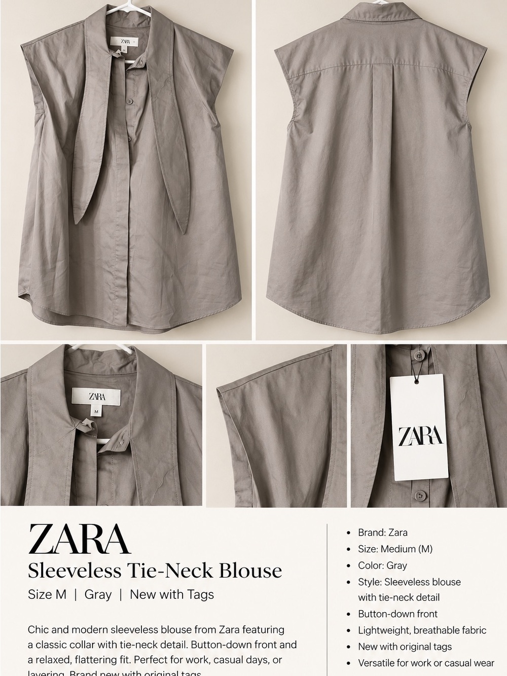 Zara Sleeveless Tie-Neck Blouse in Gray